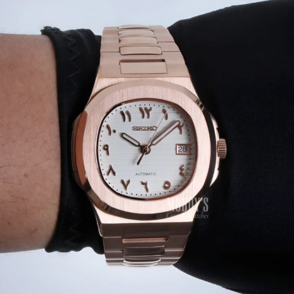 Nautiko Arabic Rose Gold Seiko mod Nautilus watch with white dial and NH35 automatic movement