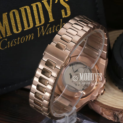 Nautiko Rose Gold Black Seiko mod Nautilus watch with NH35 movement