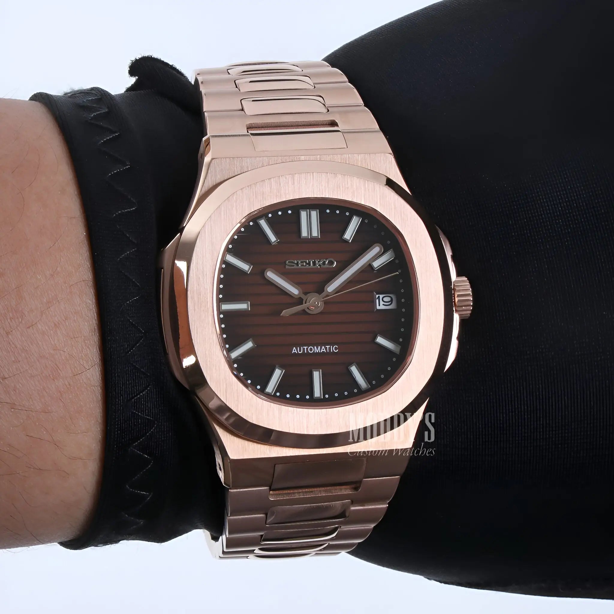 Rose gold Patek Philippe Nautilus watch with brown dial, Seiko NH35 automatic mod