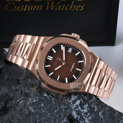 Rose gold Patek Philippe Nautilus watch with brown dial and Seiko NH35 automatic mod