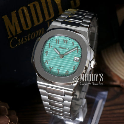 Green Seiko Mod Nautilus watch with 904L steel band