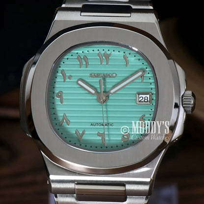 Seiko mod Nautilus watch in 904L stainless steel with turquoise Arabic dial
