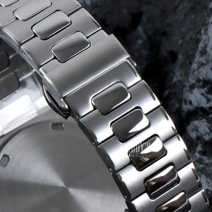 Seiko mod Nautilus watch with 904L stainless steel band in Tiffany Blue