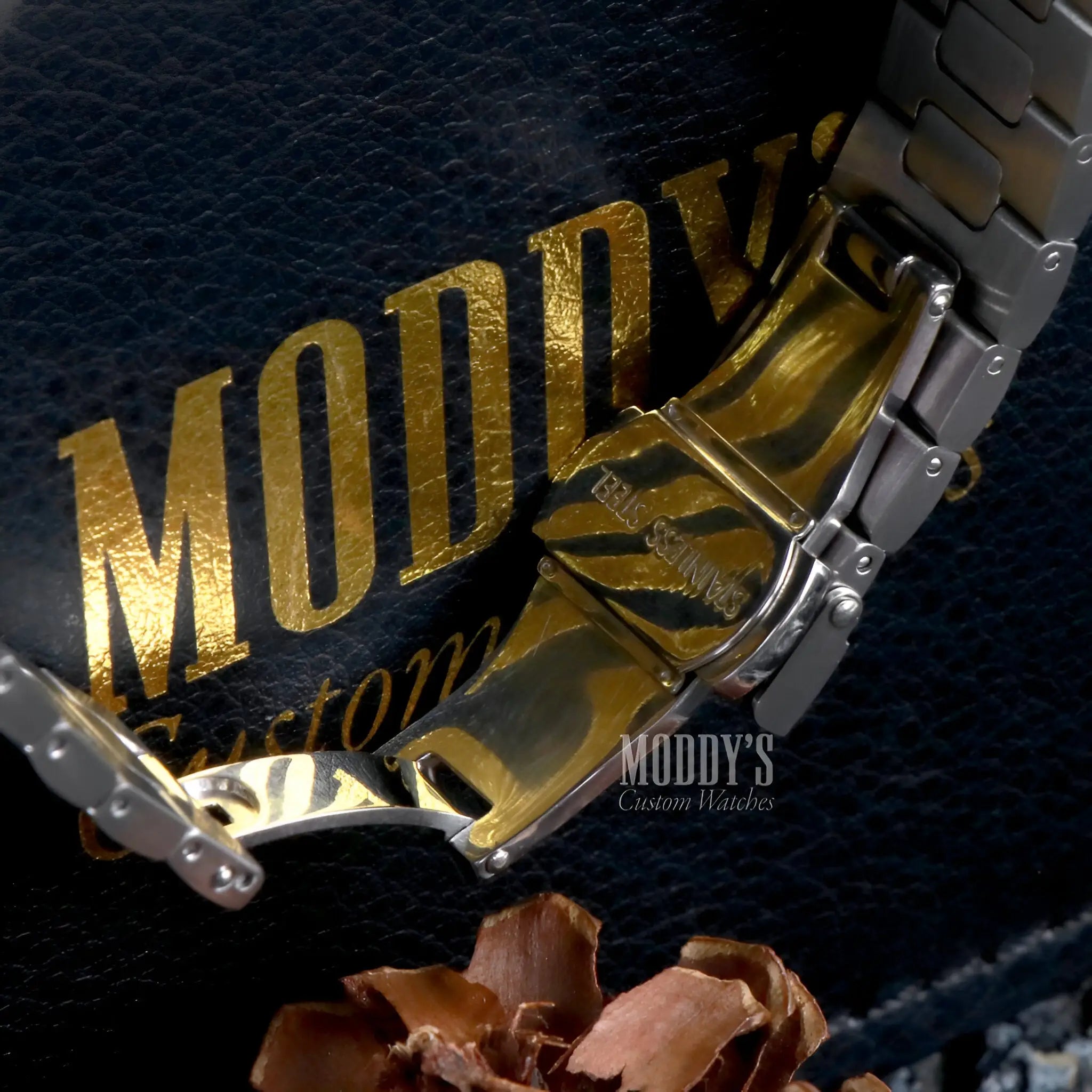 Seiko mod Nautilus watch with 904L steel gold silver interlocking band in Tiffany Blue