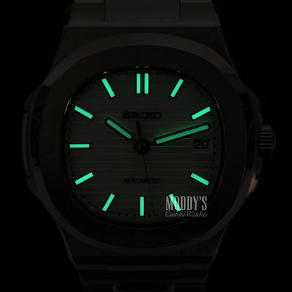 Nautiko White Open Heart seiko mod nautilus watch with green glow-in-the-dark hands