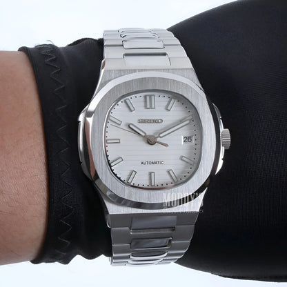 Seiko mod Nautilus watch with NH35 automatic movement and white dial