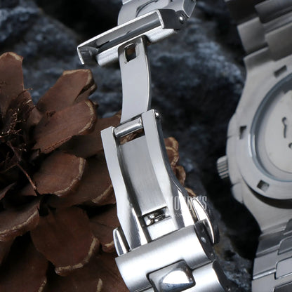 Seiko mod Nautilus NH35 automatic white dial watch with silver stainless steel band