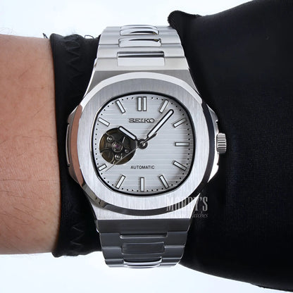 Silver Seiko Mod Nautilus watch with white open heart dial and 904L steel band