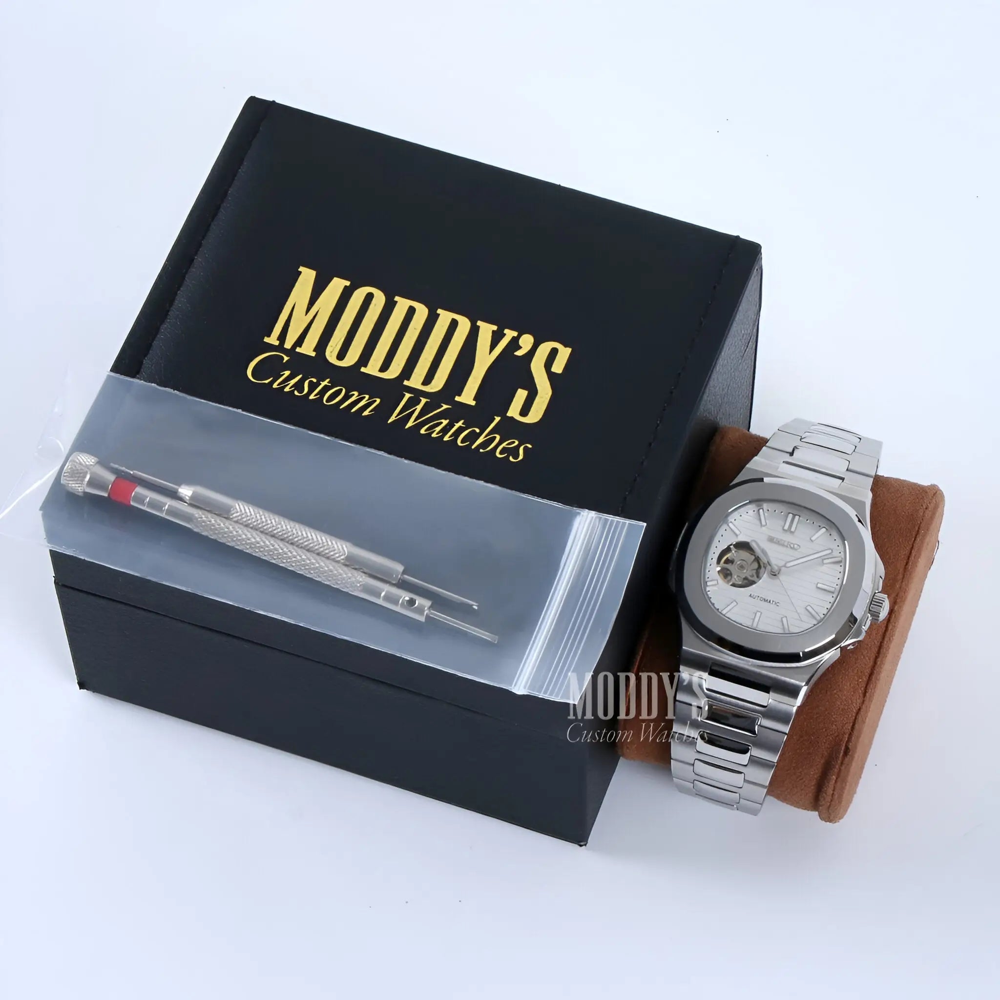 Nautiko White Open Heart Seiko mod Nautilus watch with 904L steel and brown strap