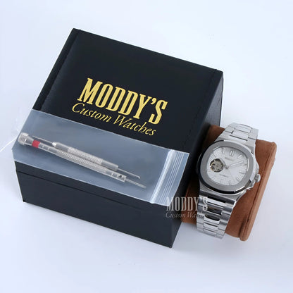 Nautiko White Open Heart Seiko mod Nautilus watch with 904L steel and brown strap