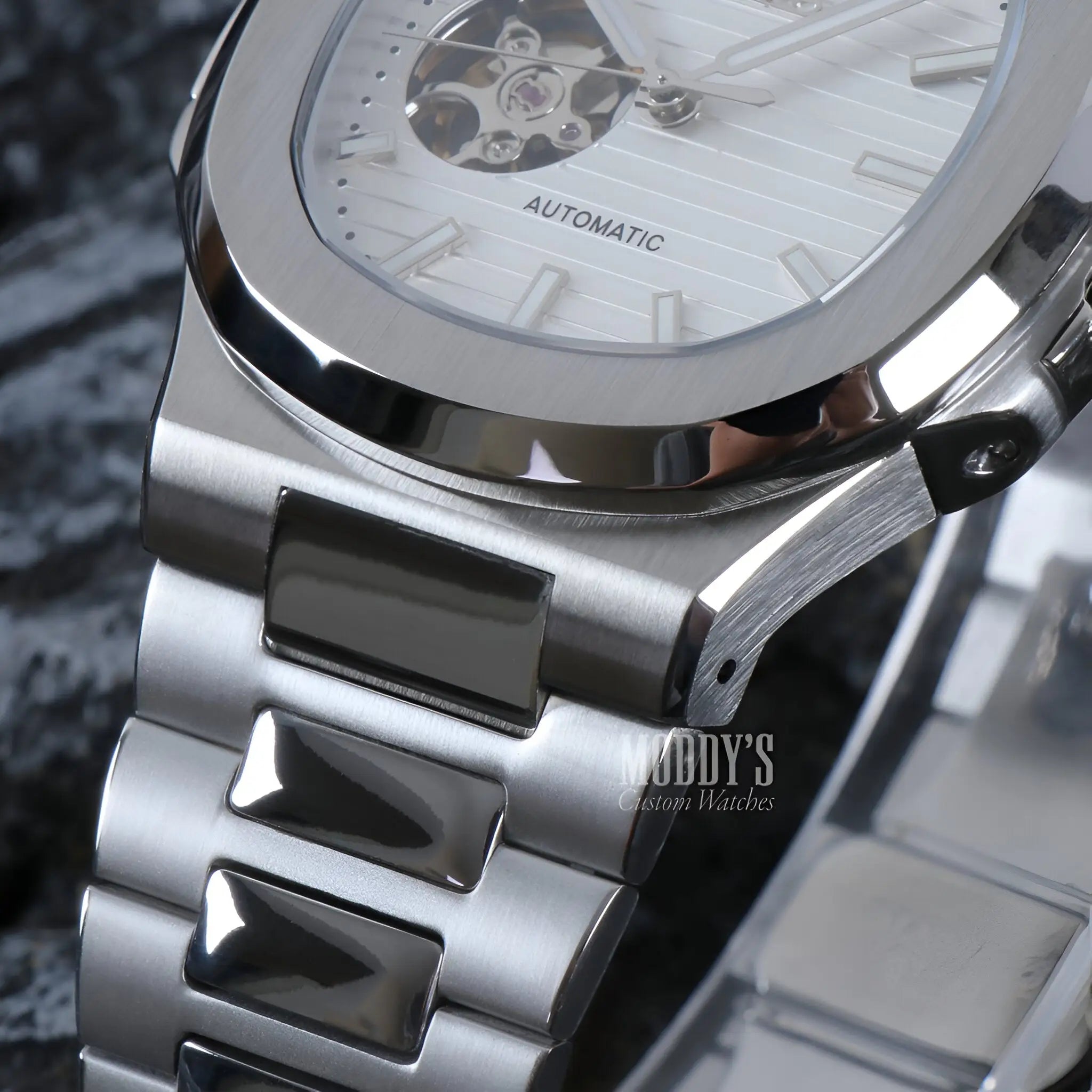 White Open Heart Seiko Mod Nautilus watch with 904L steel band