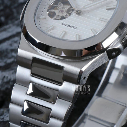 White Open Heart Seiko Mod Nautilus watch with 904L steel band