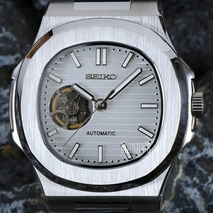 Nautiko White Open Heart Seiko mod Nautilus watch with 904L steel