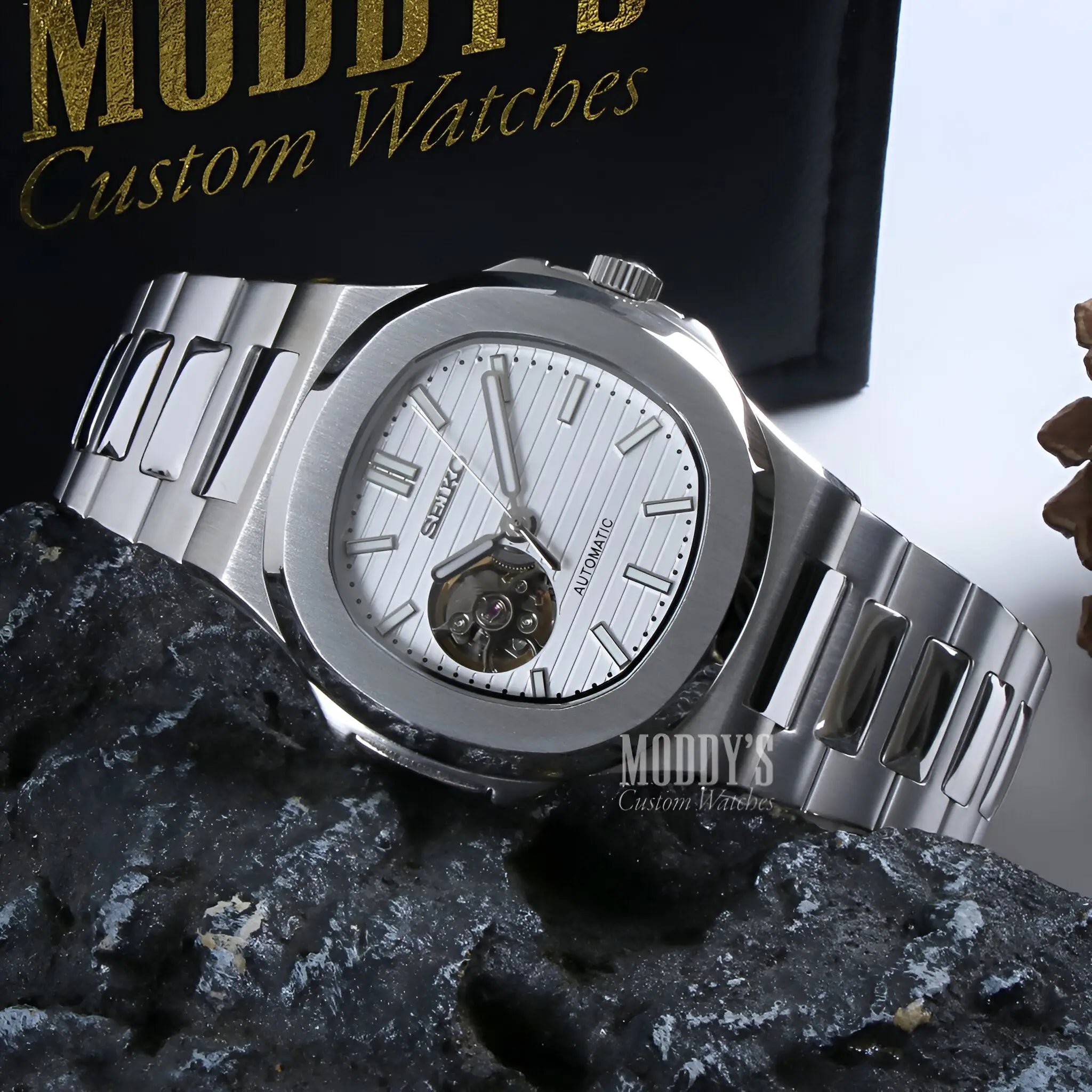 Seiko Nautiko white open heart automatic watch with 904L steel band