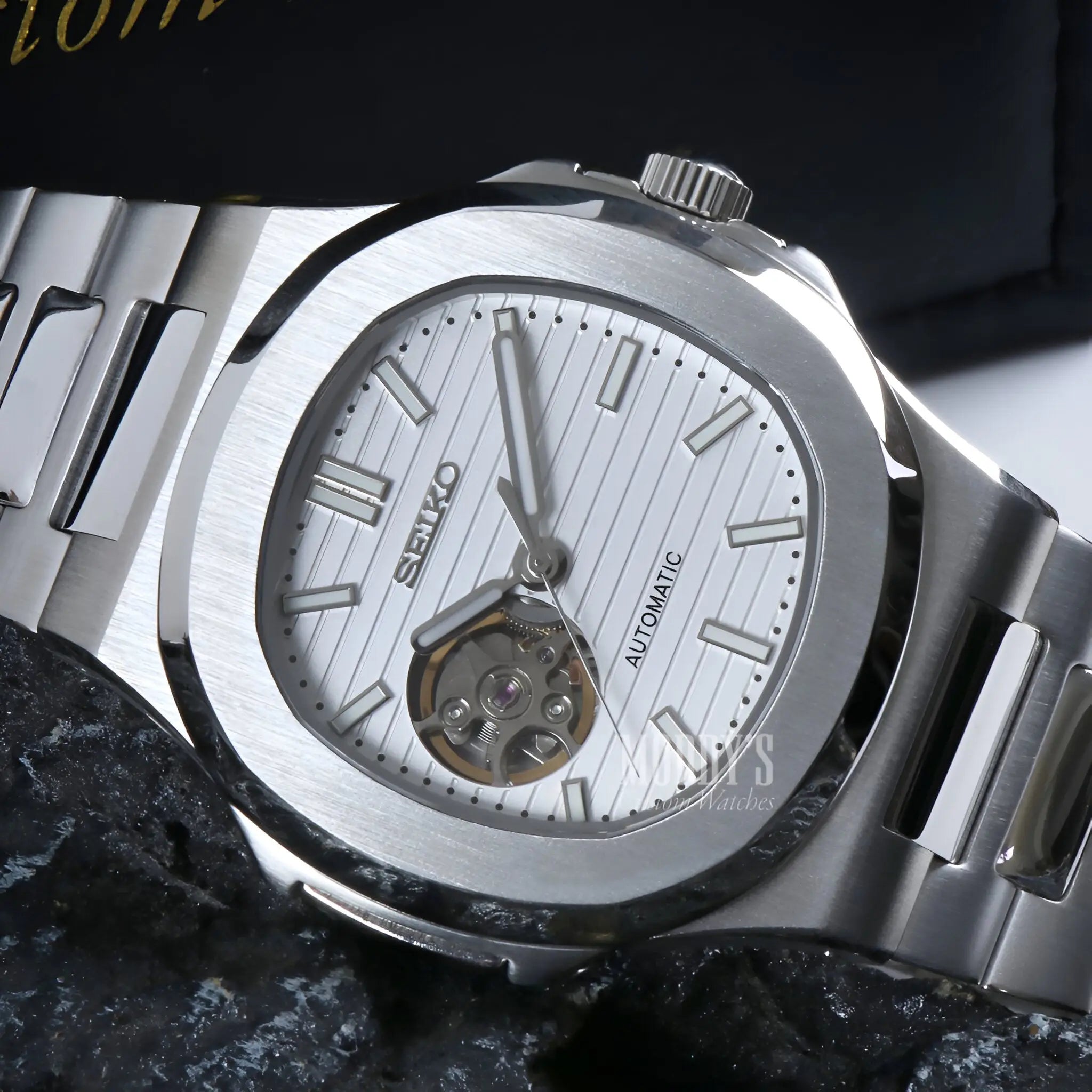 Seiko Nautiko white open heart mod Nautilus watch in 904L steel