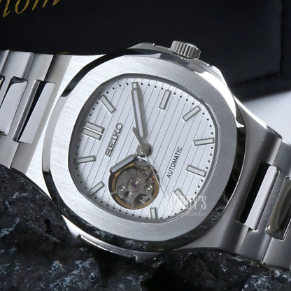 Seiko Nautiko white open heart mod Nautilus watch in 904L steel