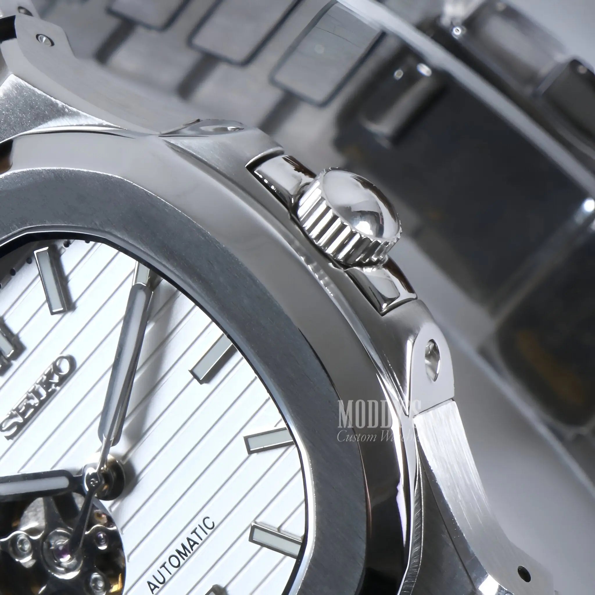 Seiko Nautiko white open heart mod Nautilus with black white striped dial