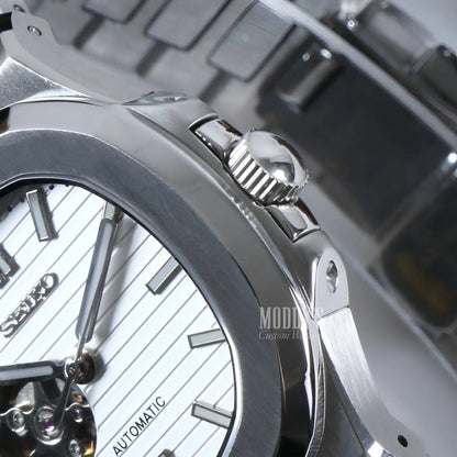 Seiko Nautiko white open heart mod Nautilus with black white striped dial