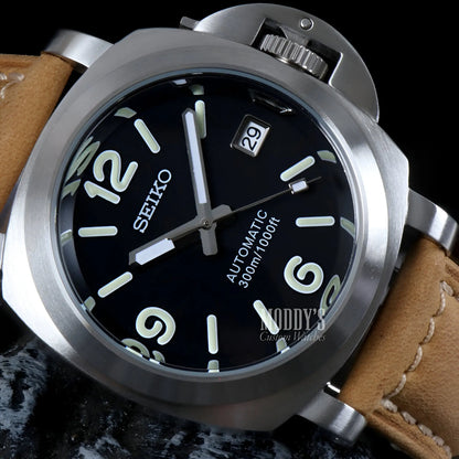 Seiko NH35 automatic watch with black dial, silver case, brown leather strap