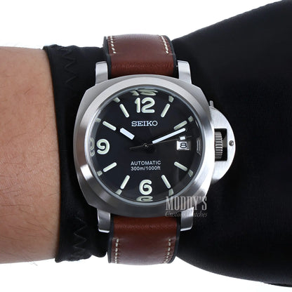 Seiko NH35 automatic watch with brown leather strap and black dial
