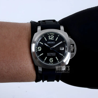 Seiko NH35 automatic black dial watch with silver case and rubber strap