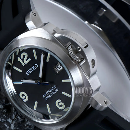 Seiko NH35 automatic watch with black dial, silver case, black rubber strap