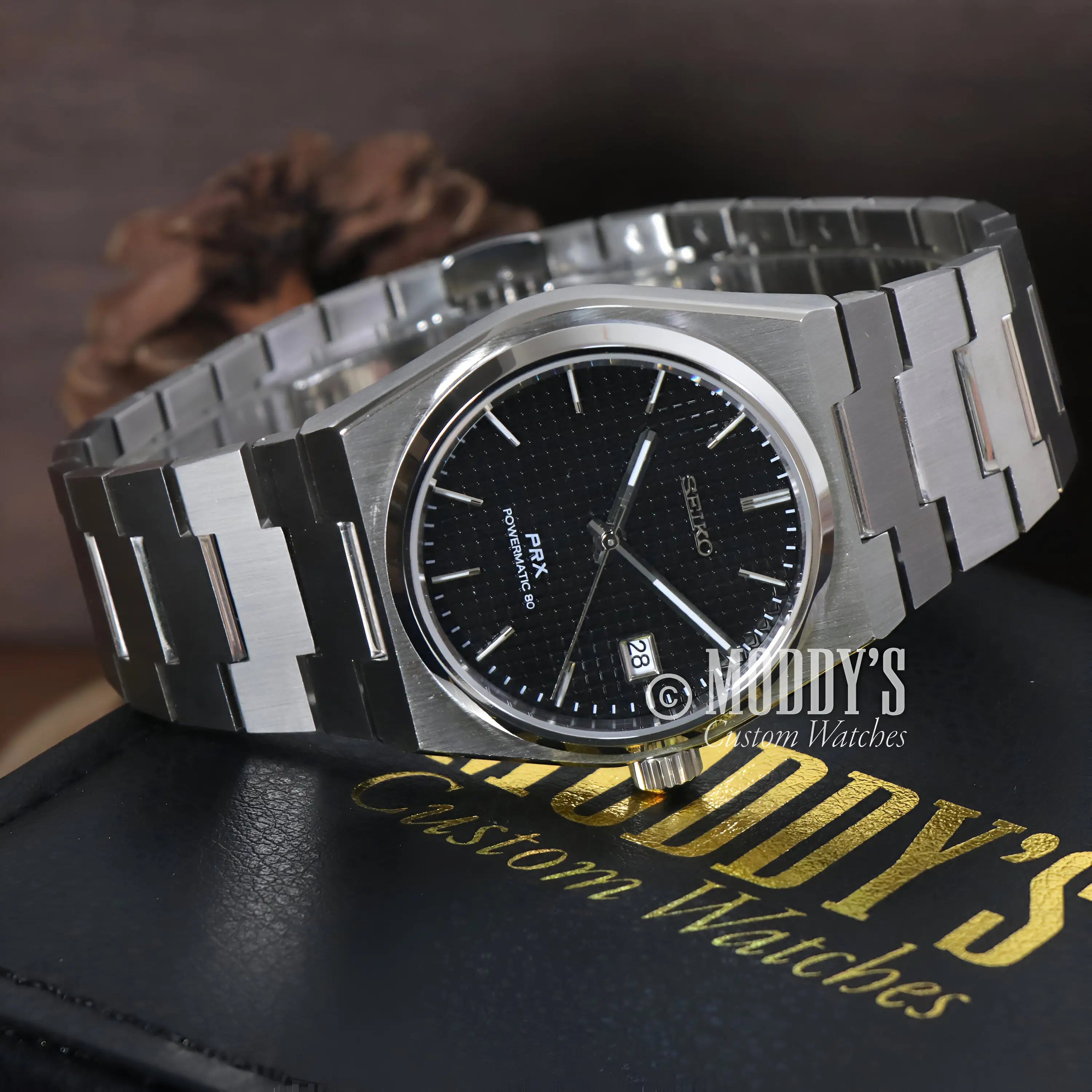 Silver Seiko mod watch with black face, NH35 automatic movement