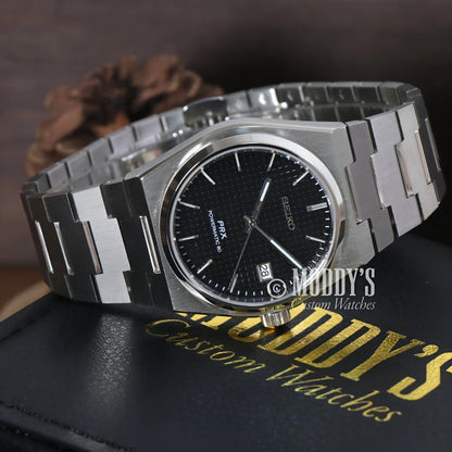 Silver Seiko mod watch with black face, NH35 automatic movement
