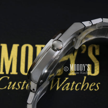 PRXeiko Black Seiko mod with silver stainless steel band and NH35 automatic