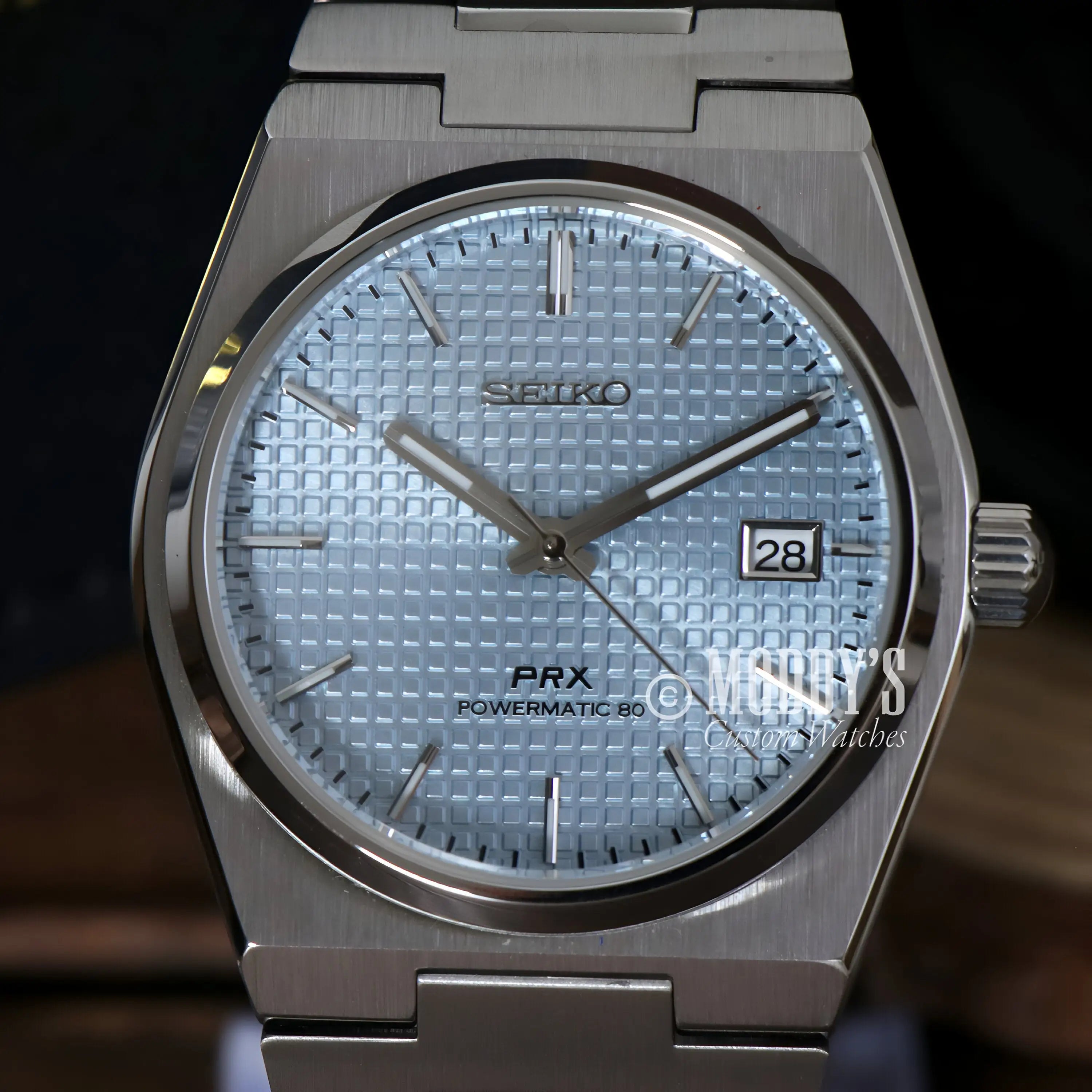 Seiko PRX mod with NH35 automatic movement, ice blue silver dial and bracelet