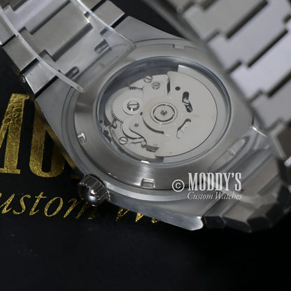 PRXeiko Ice Blue Seiko mod with NH35 automatic movement, silver stainless steel transparent back