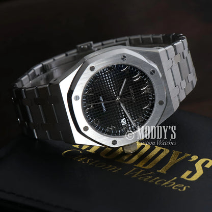 Silver Royal Oak mod watch with black dial, Seiko NH35 automatic