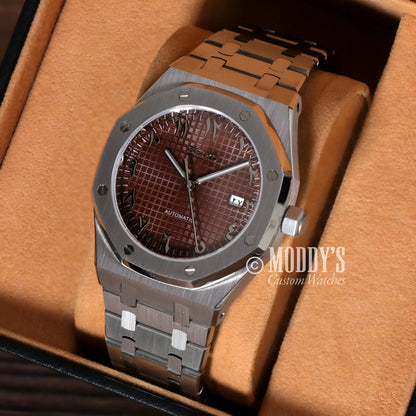 Iconic Royal Oak mod with Seiko NH35 automatic, brown textured dial, stainless steel bracelet
