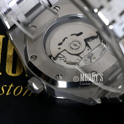 Royal Seikoak Arabic Brown stainless steel watch with transparent back and Seiko NH35 automatic movement