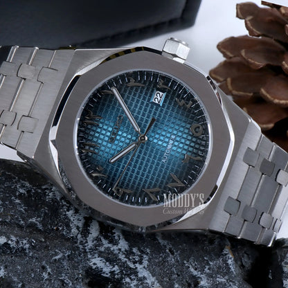 Royal Oak mod watch with Seiko NH35 automatic movement, blue mosaic dial