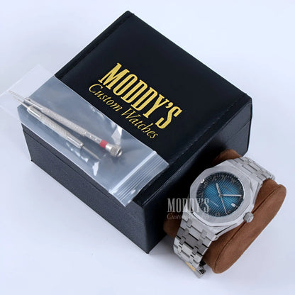 Silver Audemars Piguet Royal Oak mod with Seiko NH35 automatic blue dial