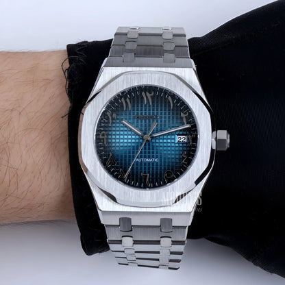 Silver Royal Oak mod watch with blue dial, Seiko NH35 automatic movement