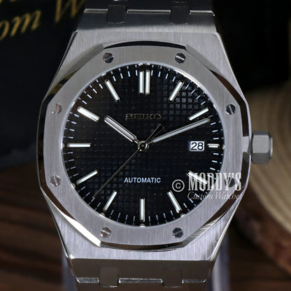 Royal Oak mod Seiko NH35 automatic watch with black dial and date