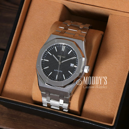 Royal Oak mod Seiko NH35 automatic watch with black dial