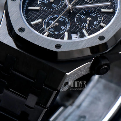 Black Royal Oak chronograph watch with Seiko VK63 hybrid movement