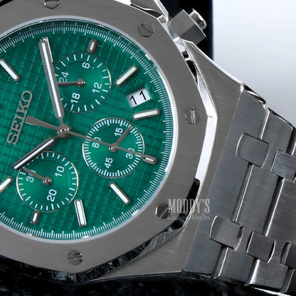 Seiko VK63 hybrid green chronograph watch in Royal Oak design