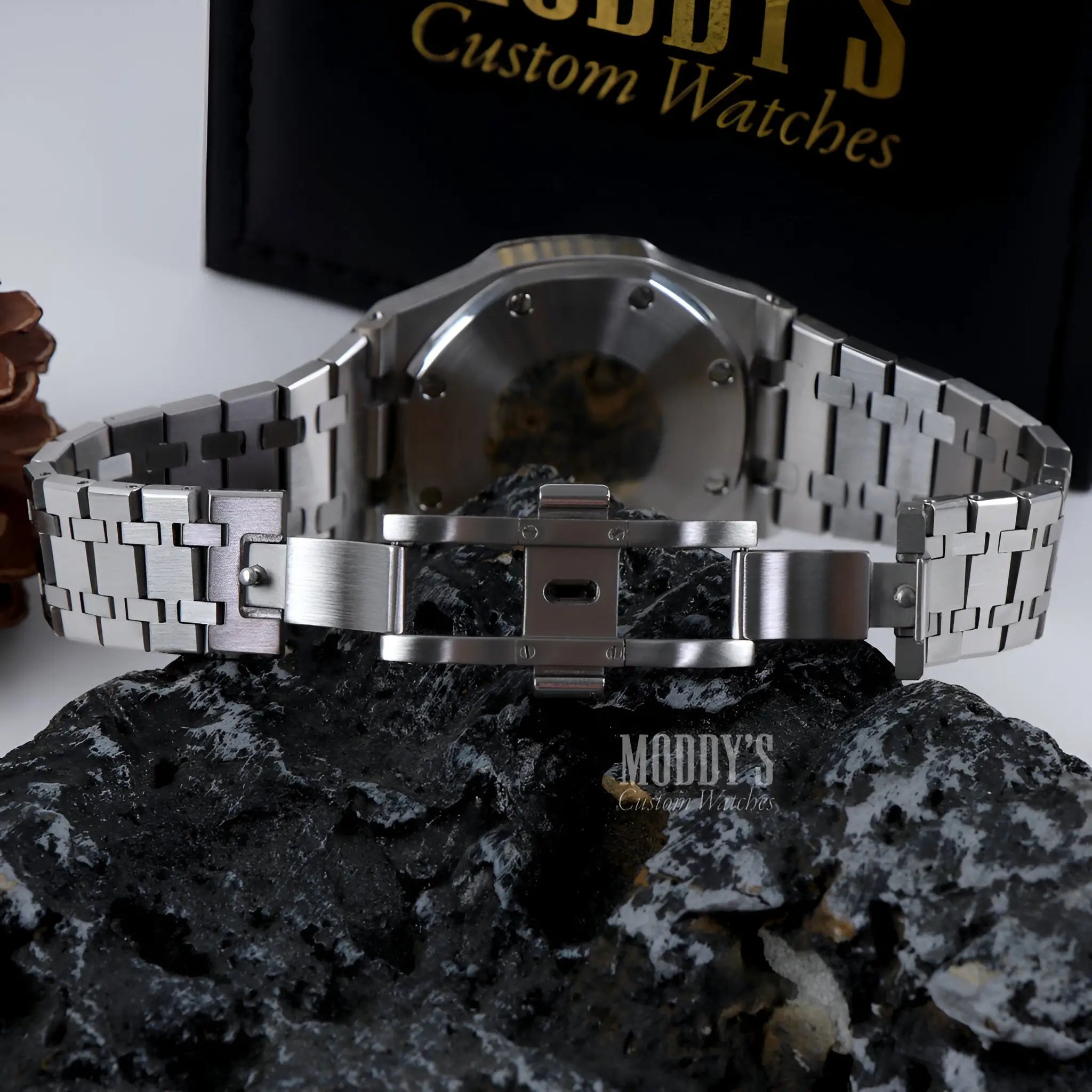 Stainless steel Royal Oak mod watch with Seiko VK63 hybrid black dial