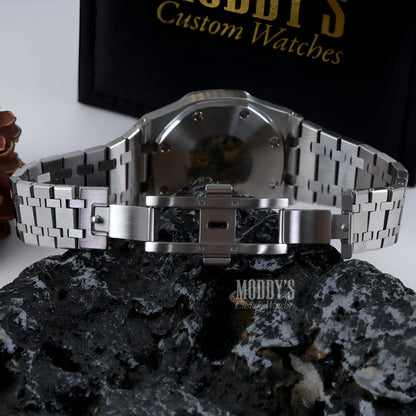 Stainless steel Royal Oak mod watch with Seiko VK63 hybrid black dial