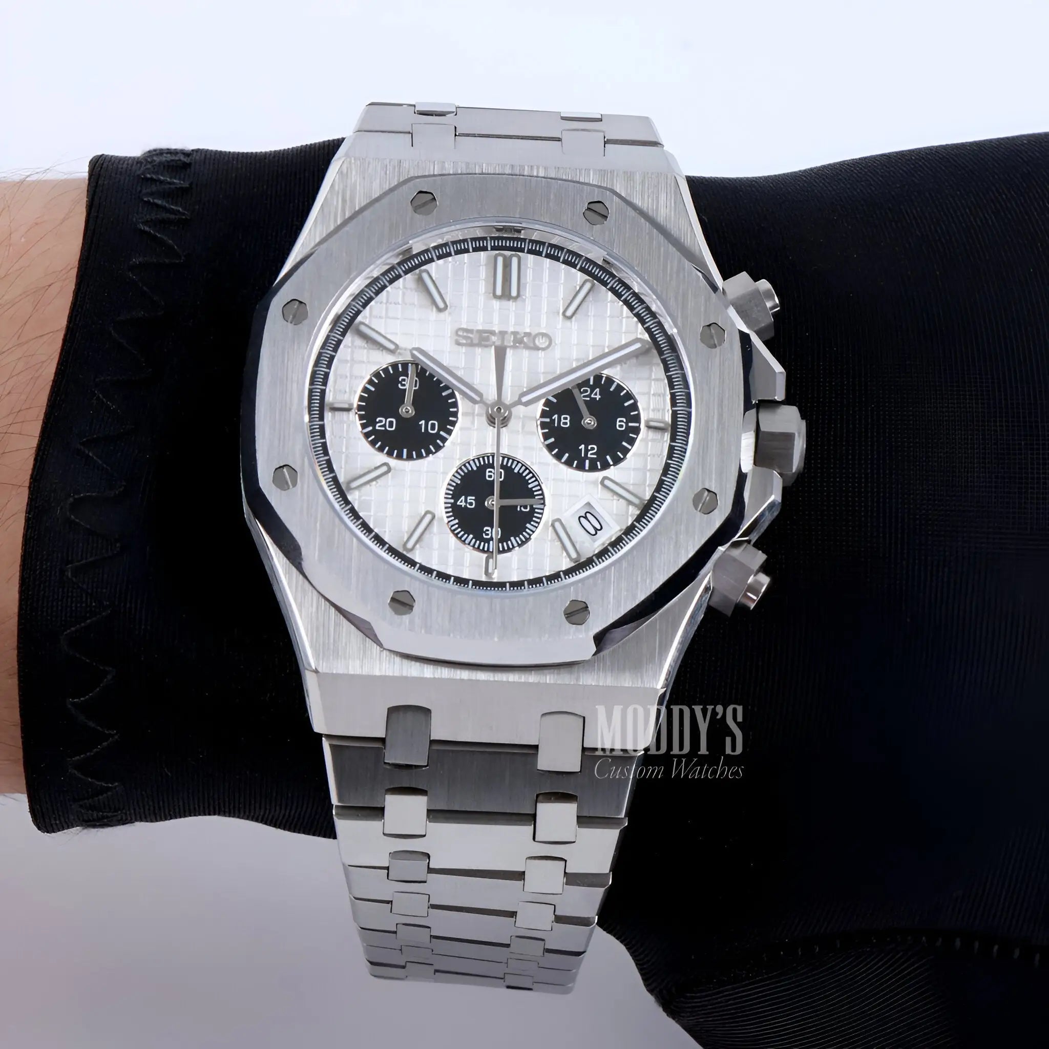Silver Audemars Piguet Royal Oak mod chronograph with white dial
