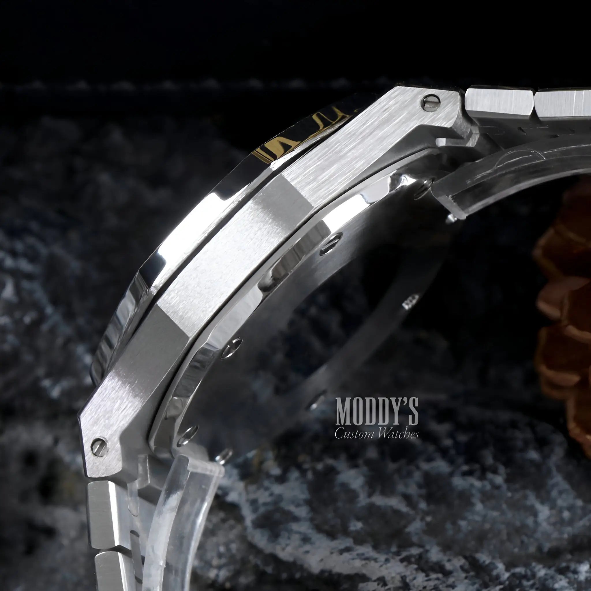 Silver stainless steel Royal Oak mod watch band with black gold accents Seiko VK63 hybrid