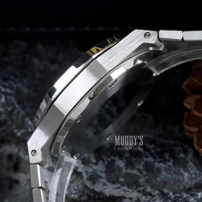 Silver stainless steel Royal Oak mod watch band with black gold accents Seiko VK63 hybrid