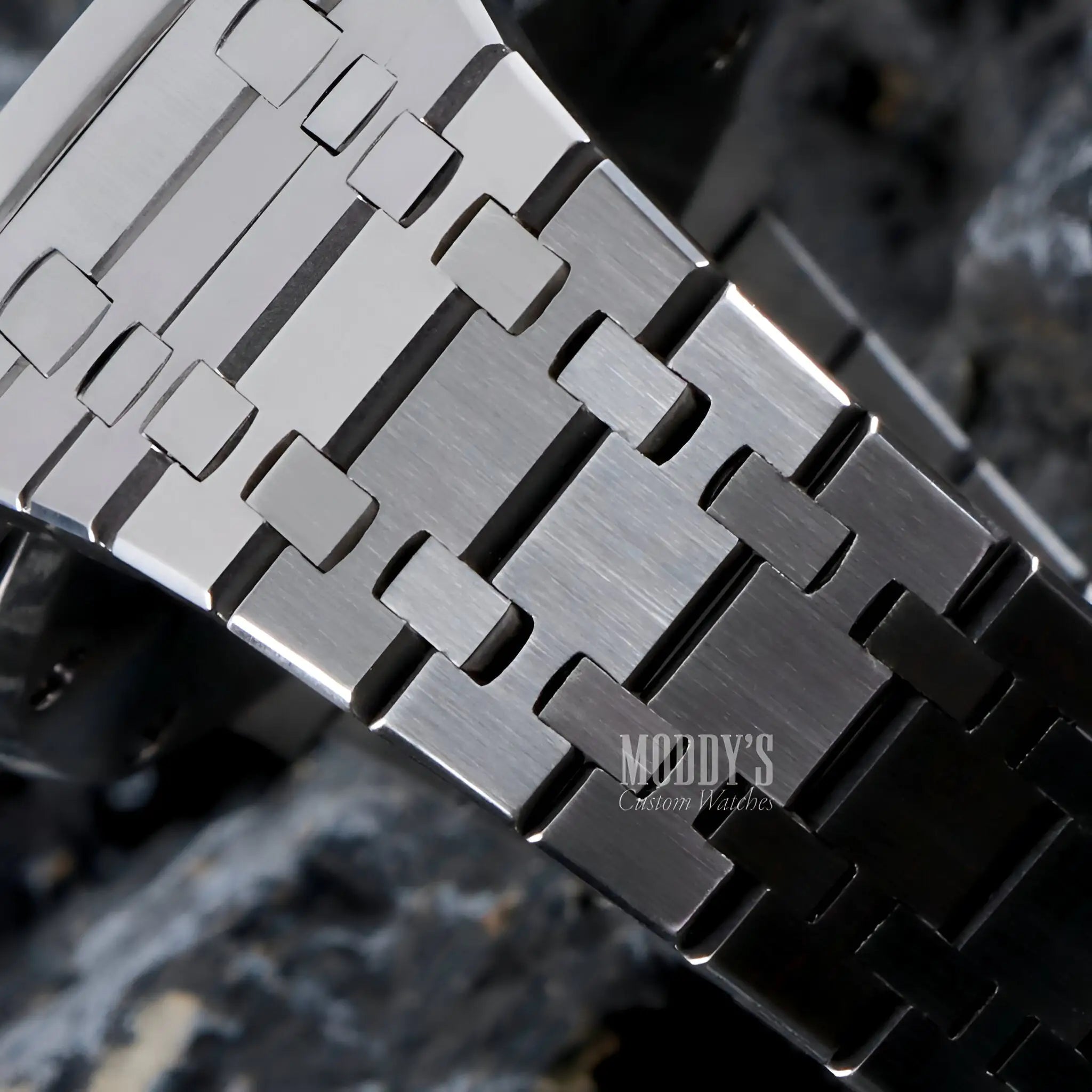 Stainless steel Royal Oak mod watch band with brushed interlocking links