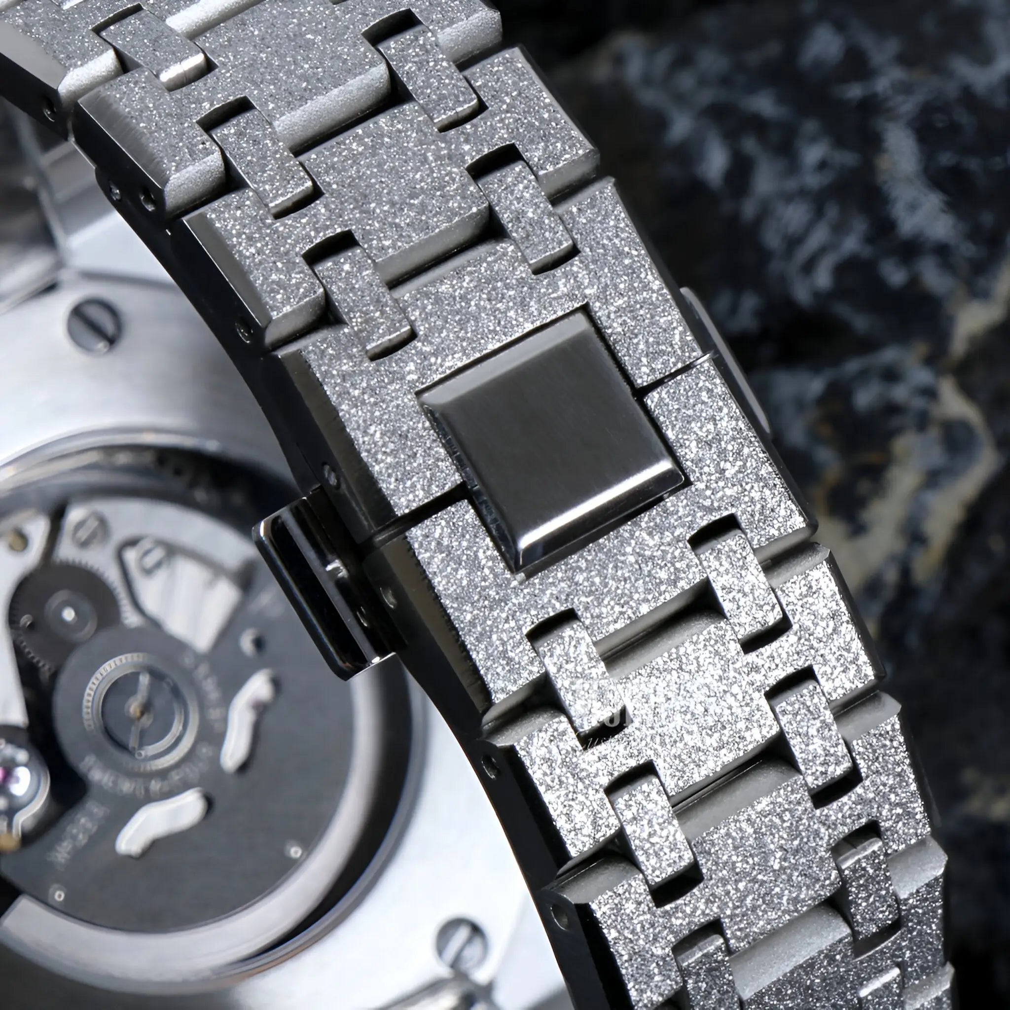 Royal Seikoak white iced out with silver woven band and black buckle, Seiko NH35 automatic movement