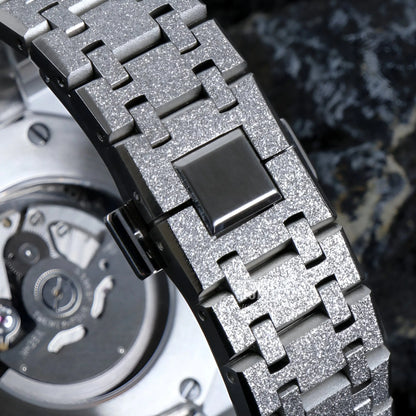 Royal Seikoak white iced out with silver woven band and black buckle, Seiko NH35 automatic movement