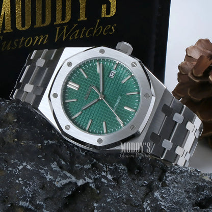 Green textured Royal Oak mod watch with Seiko NH35 automatic movement